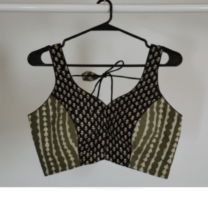 Black & Olive Green Printed Cotton Sleeveless Blouse
