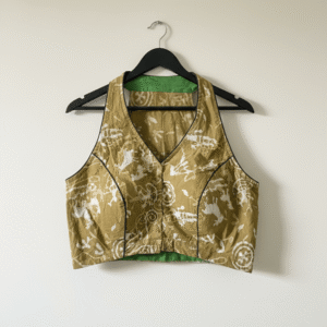 Olive Green Printed Cotton Sleeveless Saree Blouse