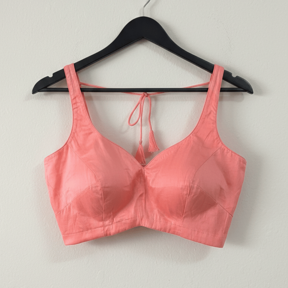 Pink Cotton Sleeveless Saree Blouse with V-Neck & Back Tie-Up