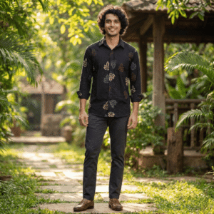 Navy Blue Leaf Printed Full Sleeve Casual Shirt Top