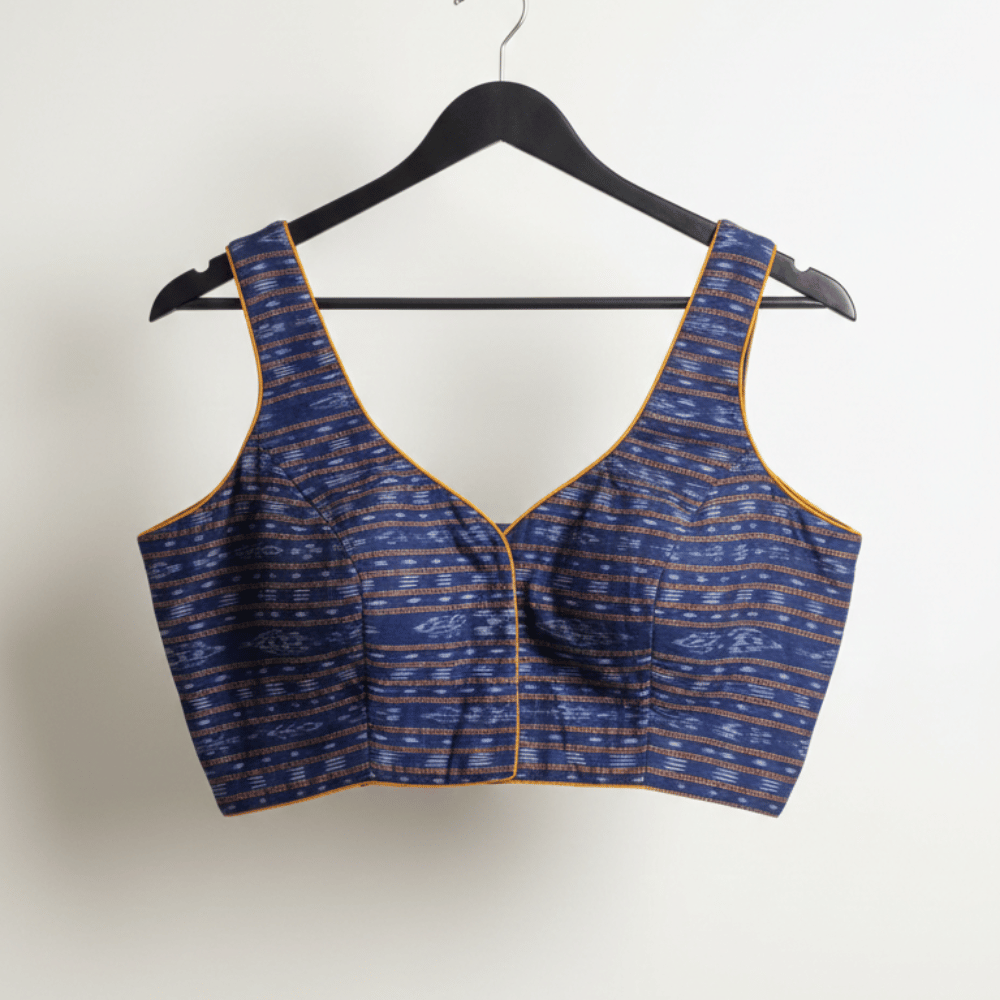 Blue Printed Sleeveless Sweetheart Neck Ethnic Blouse