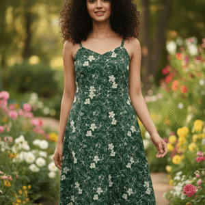 Dark Green Floral Printed Sleeveless A-Line Dress