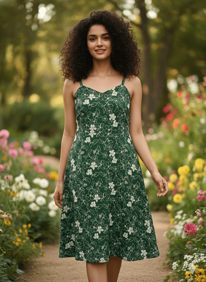 Dark Green Floral Printed Sleeveless A-Line Dress