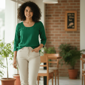 Solid Dark Green Round Neck 3/4 Sleeve Casual Top