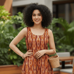 Women’s Rust Brown Ikat Print Sleeveless A-Line Casual Dress