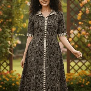 Black Ethnic Printed A-Line Kurti Dress with Button Placket