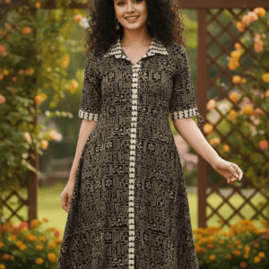 Black Ethnic Printed A-Line Kurti Dress with Button Placket