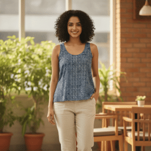 Blue Printed Sleeveless Cotton Casual Top