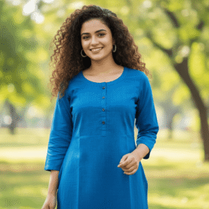 Solid Blue Cotton Kurti with Round Neck
