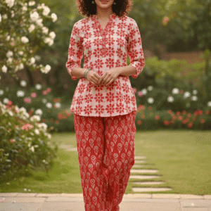 Peach Floral Print Kurti with Red Printed Palazzo Pants Set