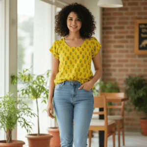 Yellow Printed Short Sleeve Cotton Casual Top