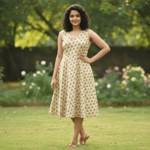 Beige Printed Sleeveless V-Neck A-Line Midi Dress