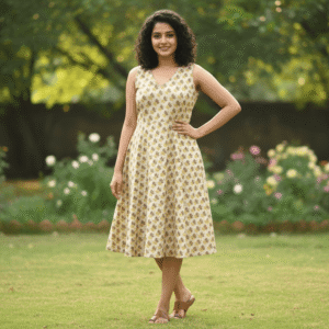 Mud Color Printed Sleeveless V-Neck A-Line Midi Dress