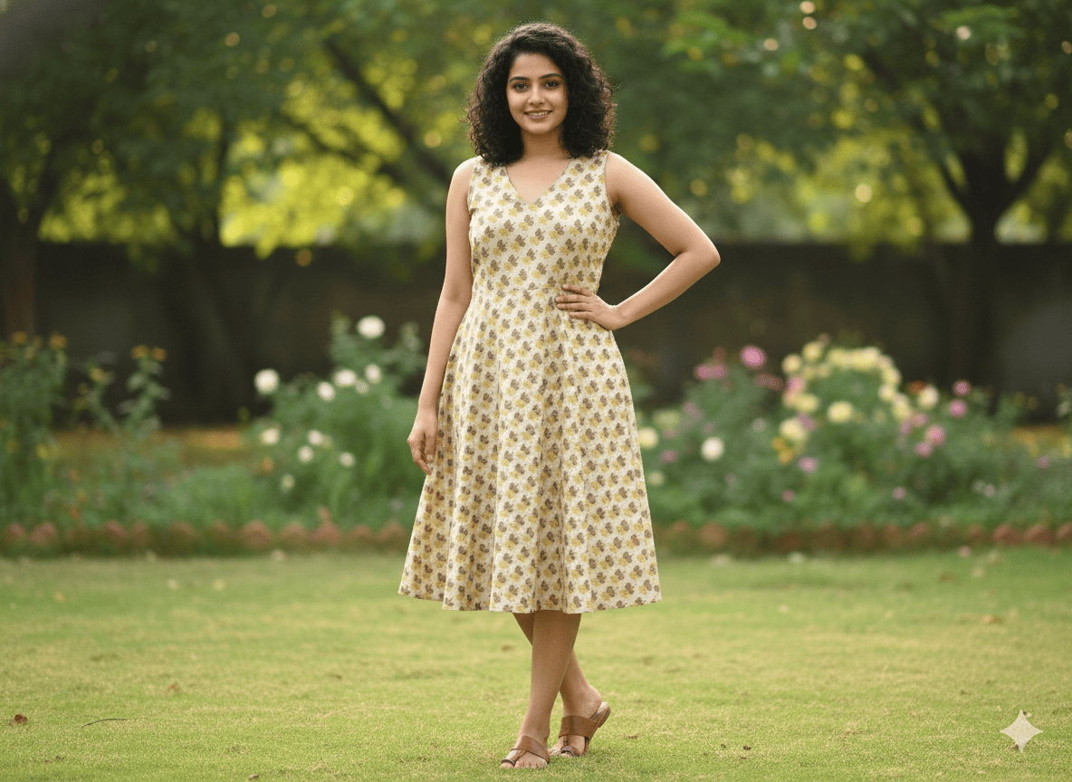 Beige Printed Sleeveless V-Neck A-Line Midi Dress