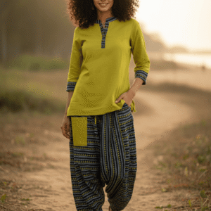 Olive Green Solid Kurti with Printed Patiala Pants Set