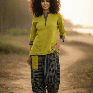 Olive Green Solid Kurti with Printed Patiala Pants Set
