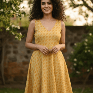Mustard Yellow Printed Sleeveless V-Neck A-Line Midi Dress