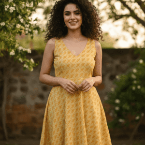 Mustard Yellow Bagru Printed Sleeveless V-Neck A-Line Midi Dress