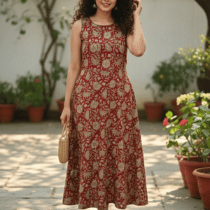 Maroon Printed Sleeveless Ethnic A-Line Midi Dress