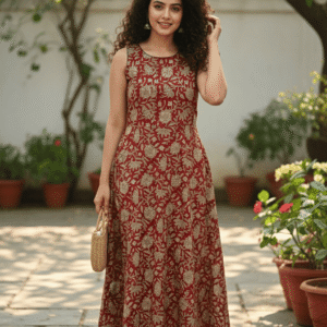 Maroon Printed Sleeveless Ethnic A-Line Midi Dress
