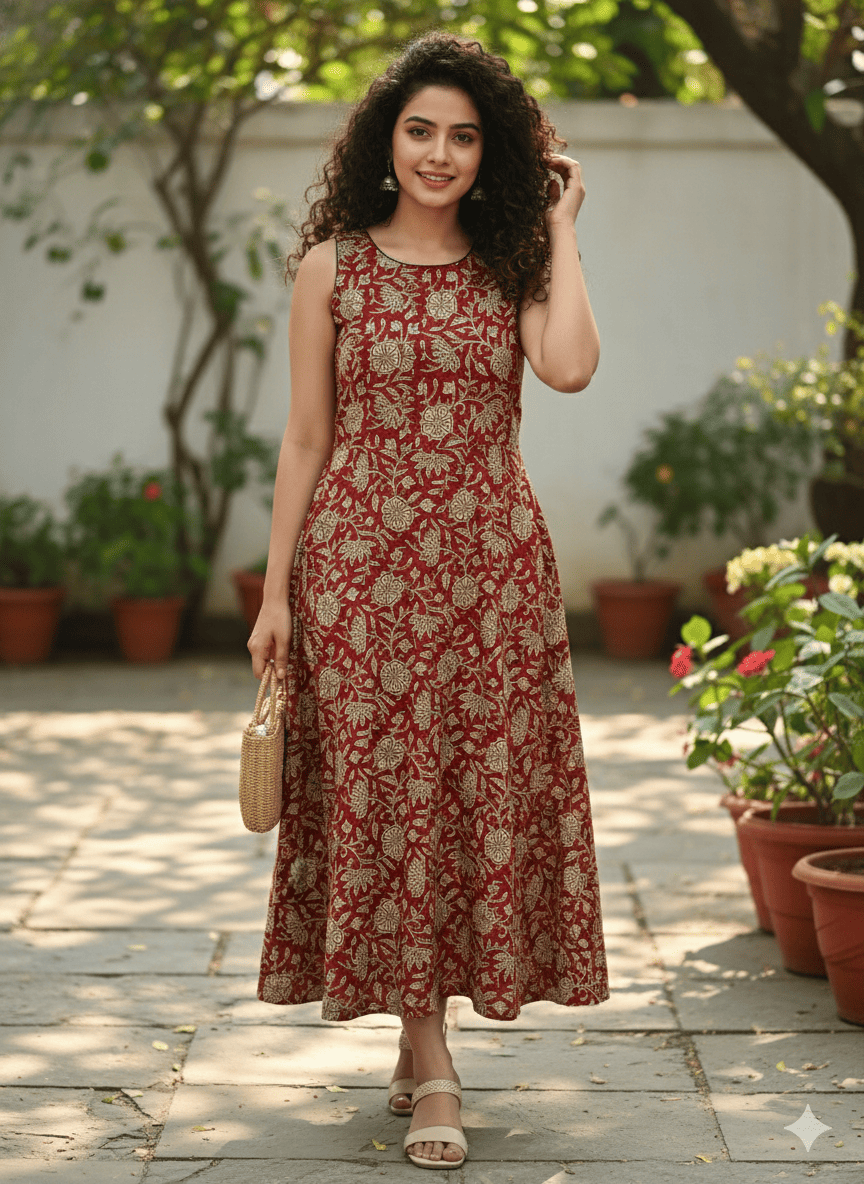 Maroon Printed Sleeveless Ethnic A-Line Midi Dress