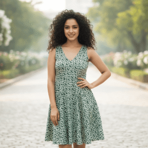 Teal Green Printed Sleeveless V-Neck A-Line Midi Dress