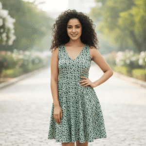 Teal Green Printed Sleeveless V-Neck A-Line Midi Dress