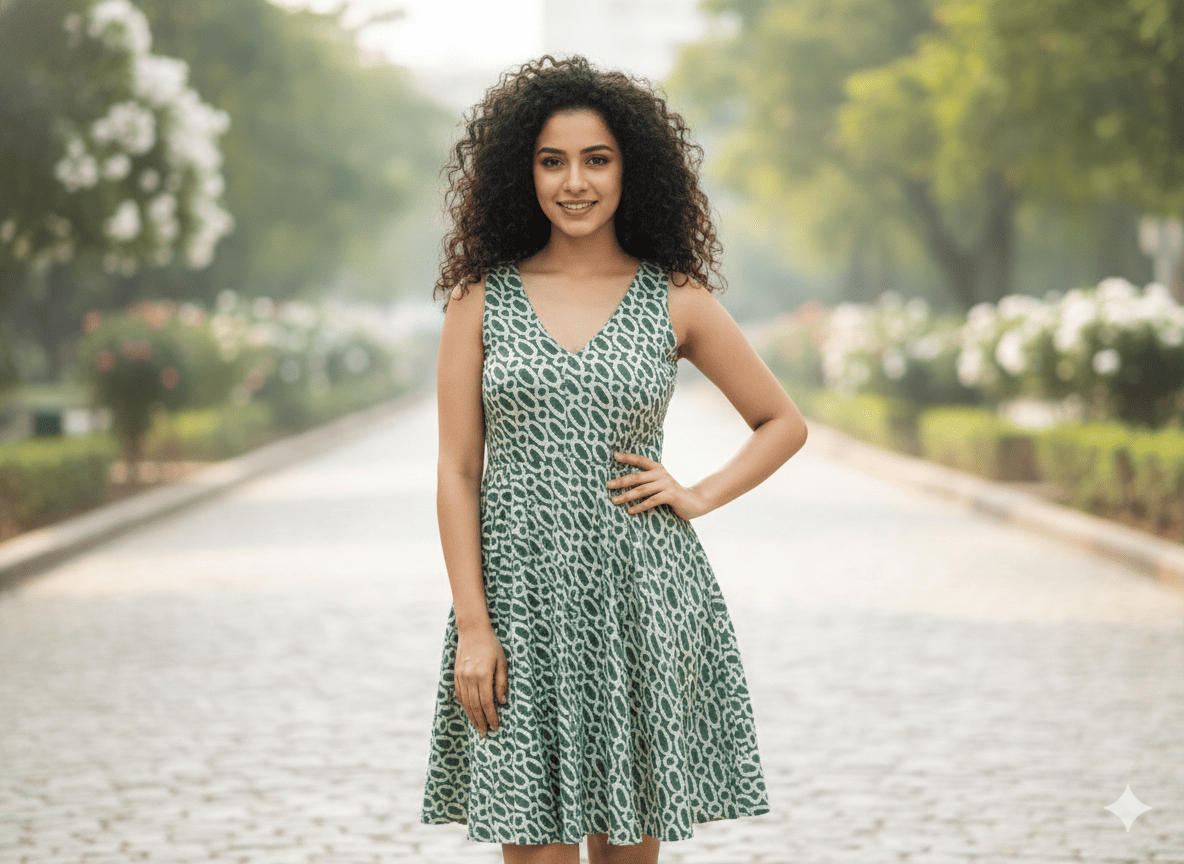 Teal Green Printed Sleeveless V-Neck A-Line Midi Dress