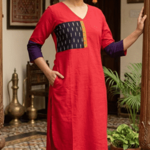 Red solid Kurti with Patch detailing