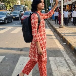 Orange Solid Kurti with Printed Patiala Pants Set