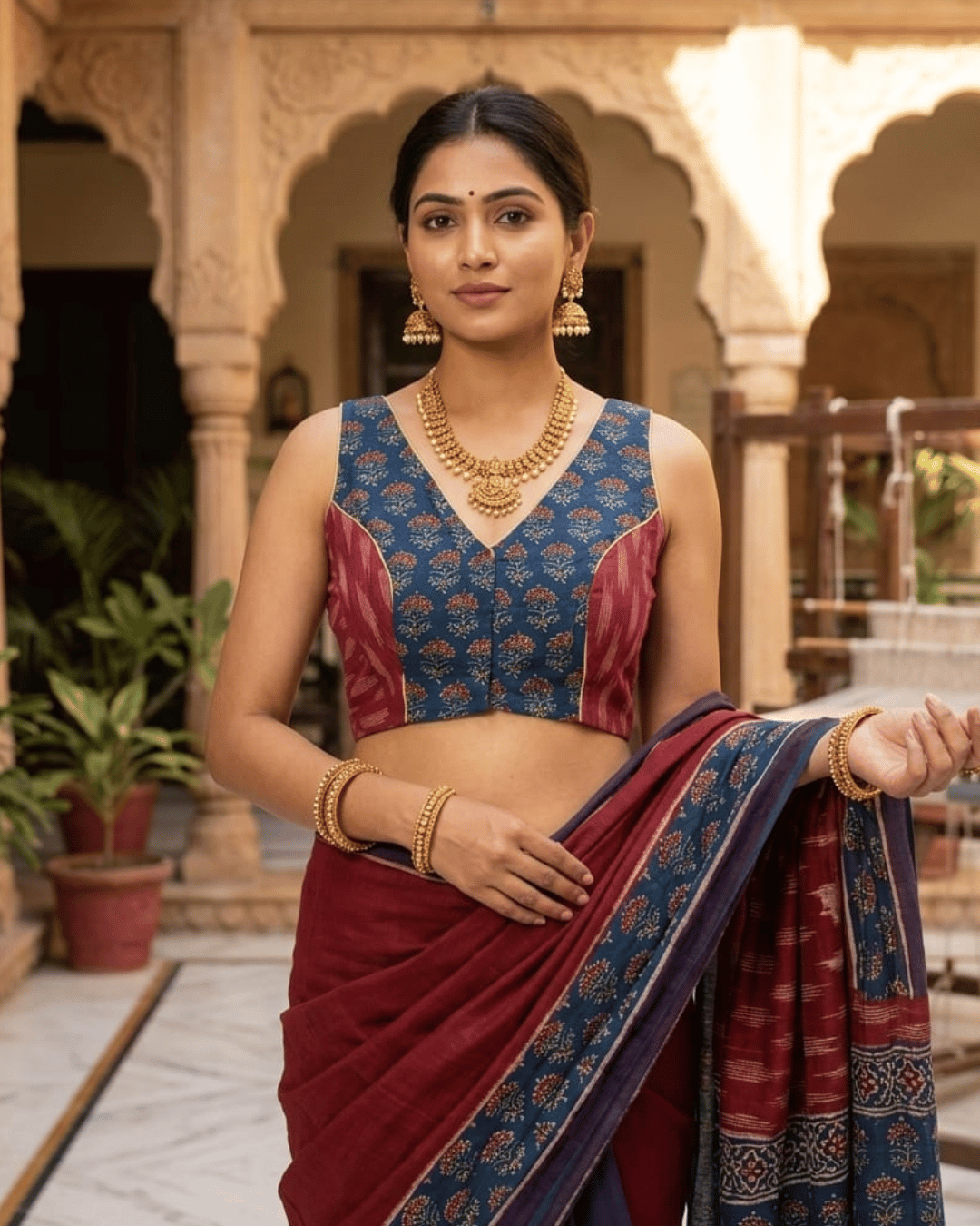 Ajrakh V neck princess cut blouse