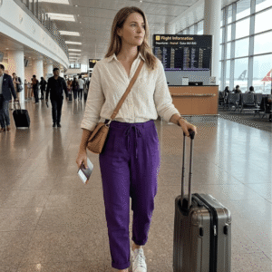 Purple ankle length straight pants.