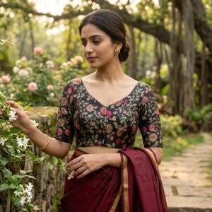 Designer Maslin fabric Blouse with lilin V neck
