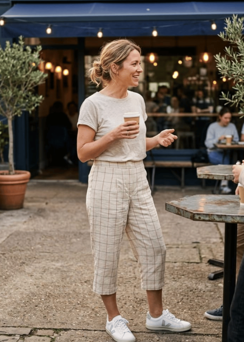 Three quarter length pant. Off white colour.