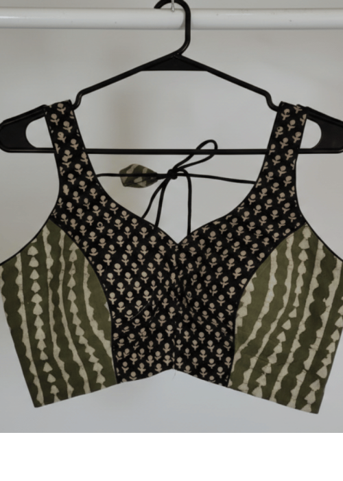 Black & Olive Green Printed Cotton Sleeveless Blouse