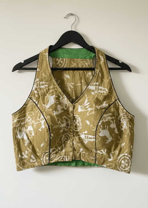 Olive Green Printed Cotton Sleeveless Saree Blouse