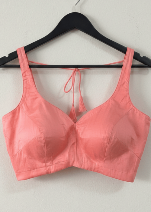 Pink Cotton Sleeveless Saree Blouse with V-Neck & Back Tie-Up