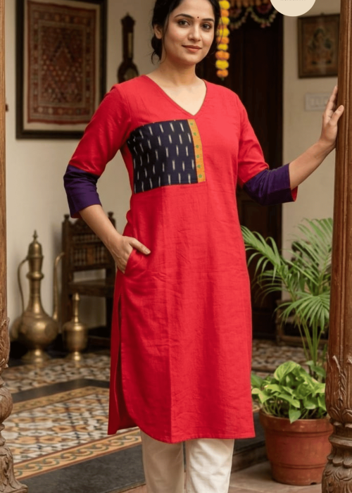 Red solid Kurti with Patch detailing