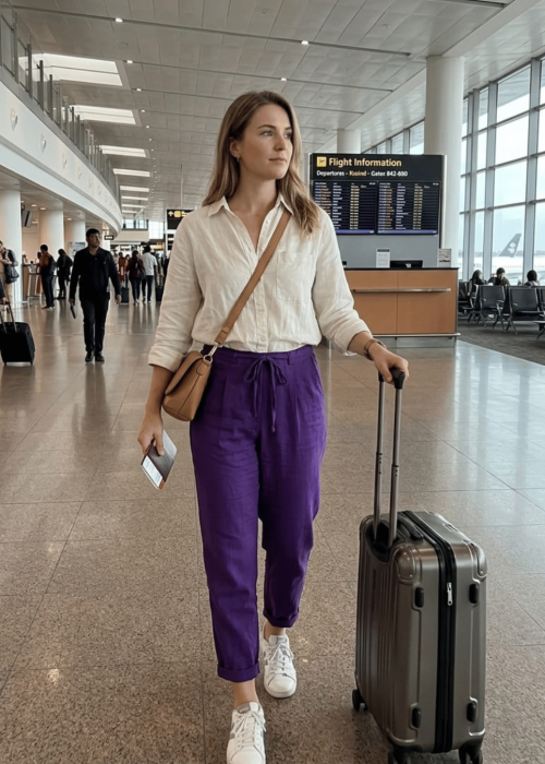 Purple ankle length straight pants.