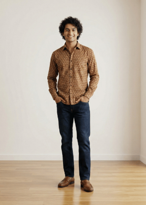 Brown Printed Full Sleeve Casual Unisex Shirt