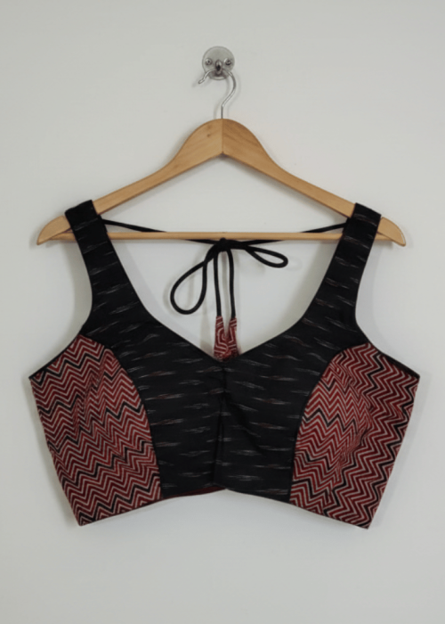 Hand-block printed Ajrakh and Ikkat Fusion Blouse