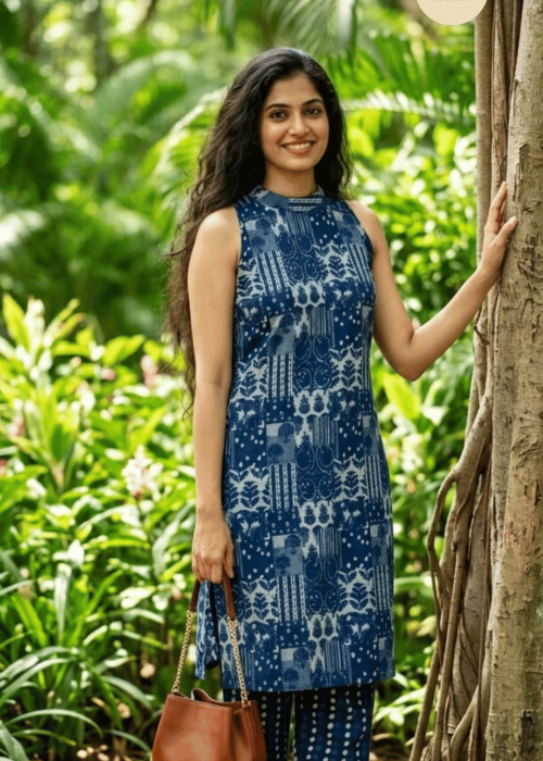 Indigo Solid Kurti with Printed Patiala Pants Set