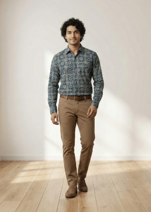 Blue Printed Full Sleeve Casual Unisex Shirt