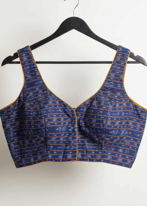 Blue Printed Sleeveless Sweetheart Neck Ethnic Blouse