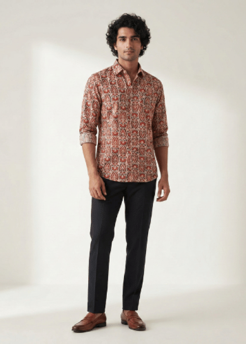 Brown Printed Full Sleeve Casual Unisex Shirt