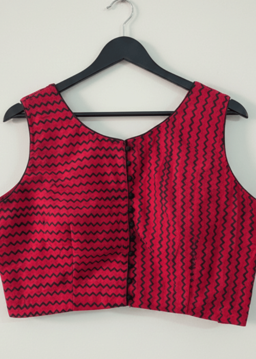 Red & Black Printed Sleeveless Ethnic Cotton Blouse