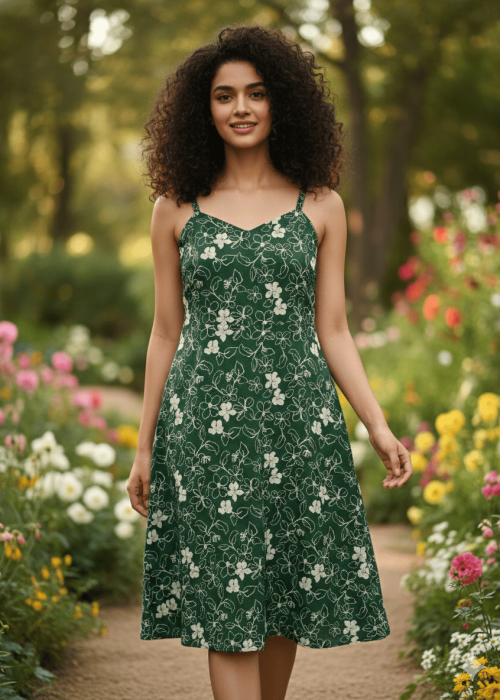 Dark Green Floral Printed Sleeveless A-Line Dress