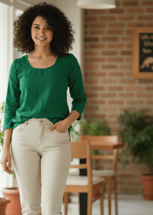 Solid Dark Green Round Neck 3/4 Sleeve Casual Top
