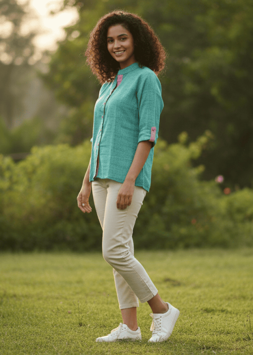 Teal Green Solid Mandarin Collar 3/4 Sleeve Casual Kurti Top