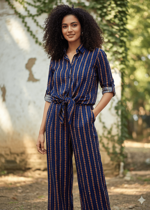 Printed Shirt Collar Co-Ord Set with Tie-Up Waist